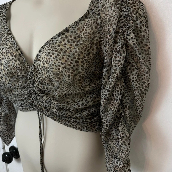 Zara Blouse Size Large Sheer Leopard Print Cropped V-Neck Ruched Side Zip #1356 - Picture 6 of 10